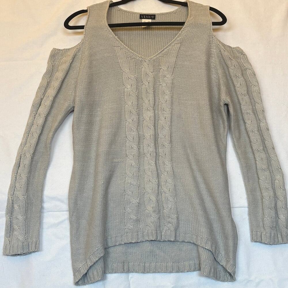 Venus Heather Gray Cable Knit Cold Shoulder Pullover Sweater High Low L